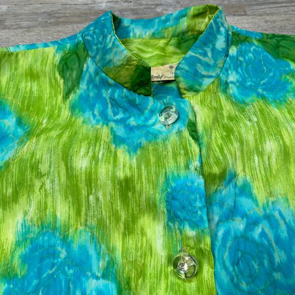 Vintage 1970s Saramae Floral Button Down House Dress Green Blue - Picture 3 of 9